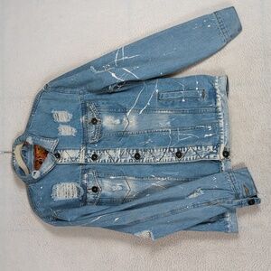 Rolling Paper Women's Blue Distressed Paint Flecked Denim‎ Jacket Size M